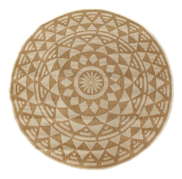 Tappeto arredo per esterno in Polipropilene. Rotondo 150 cm. beige con motivo bianco